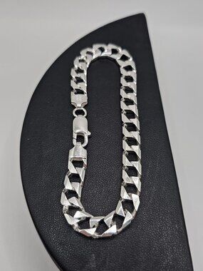 Silver 925 High Polished Diamond Cut 10 Sided Squared Curb Bracelet 7.2mm 8 inch